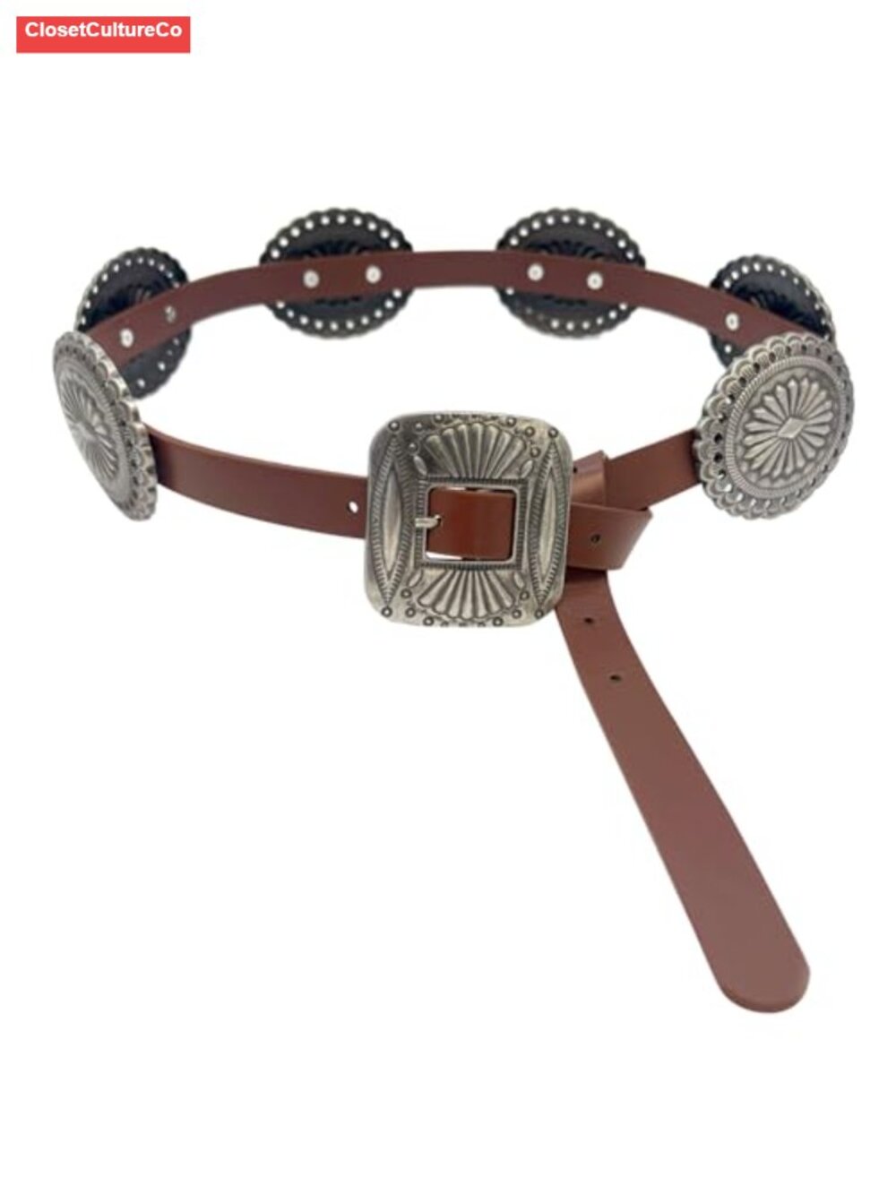 Western Disc Waist Belt Faux Leather Wide Concho Buckle Boho